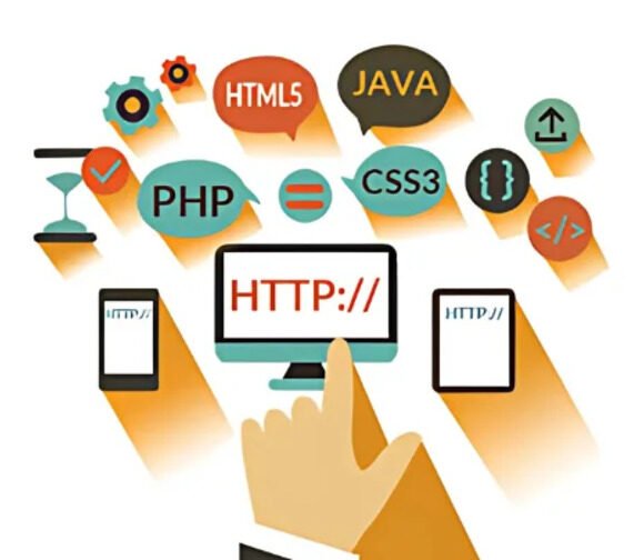 An illustration representing a web development company, with icons for HTML5, Java, PHP, CSS3, and coding elements surrounding a computer screen. The image includes mobile devices and a pointing hand.