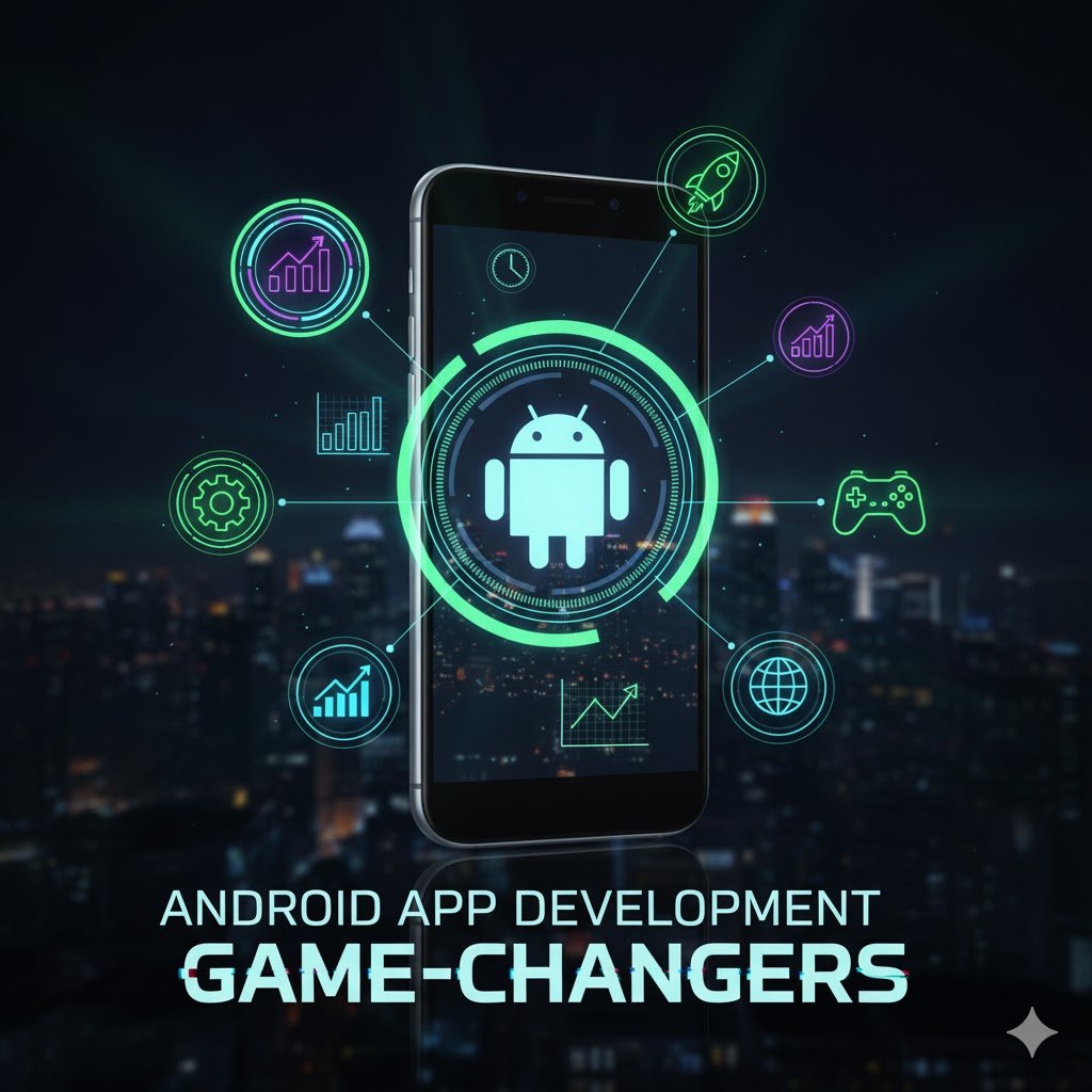 A neon-lit graphic of a smartphone displaying the Android logo at its center, surrounded by various icons representing growth, innovation, settings, gaming, and global reach. Below the phone, the text "ANDROID APP DEVELOPMENT GAME-CHANGERS" is prominently displayed, all set against a blurred city skyline.